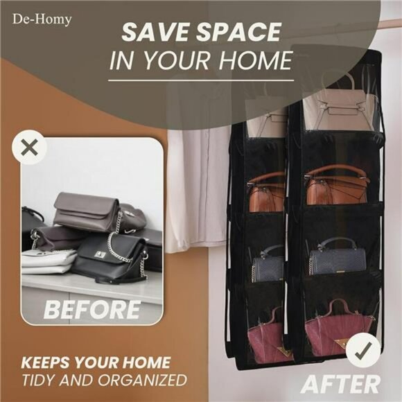 Handbag Organizer 2 Pack Closet Purse Hanger Storage with Clear Pockets Black - Picture 5 of 7